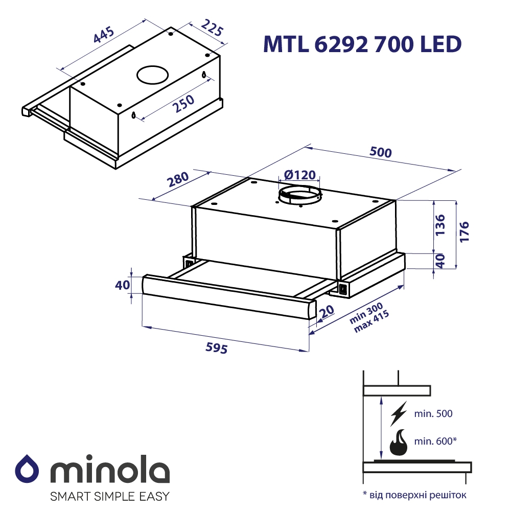Minola MTL 6292 GR 700 LED Габаритні розміри