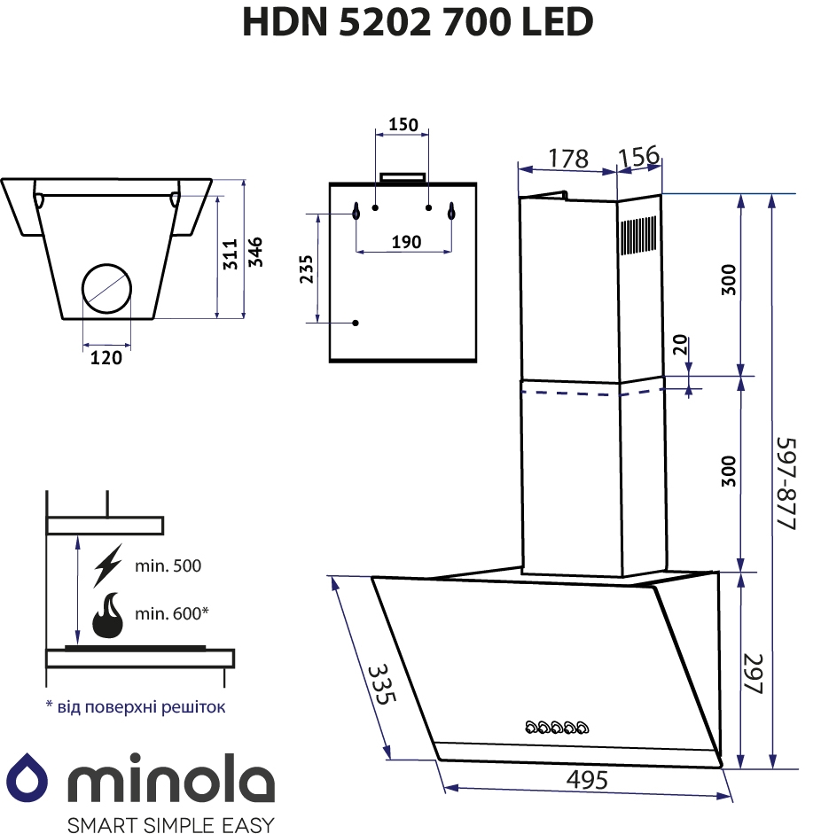 Minola HDN 5202 BL/INOX 700 LED Габаритні розміри