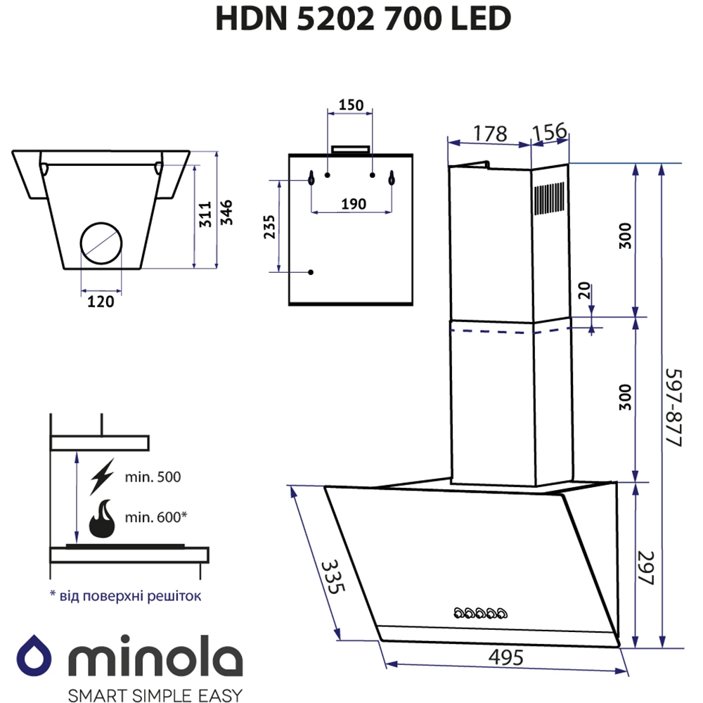 Minola HDN 5202 WH/INOX 700 LED Габаритные размеры