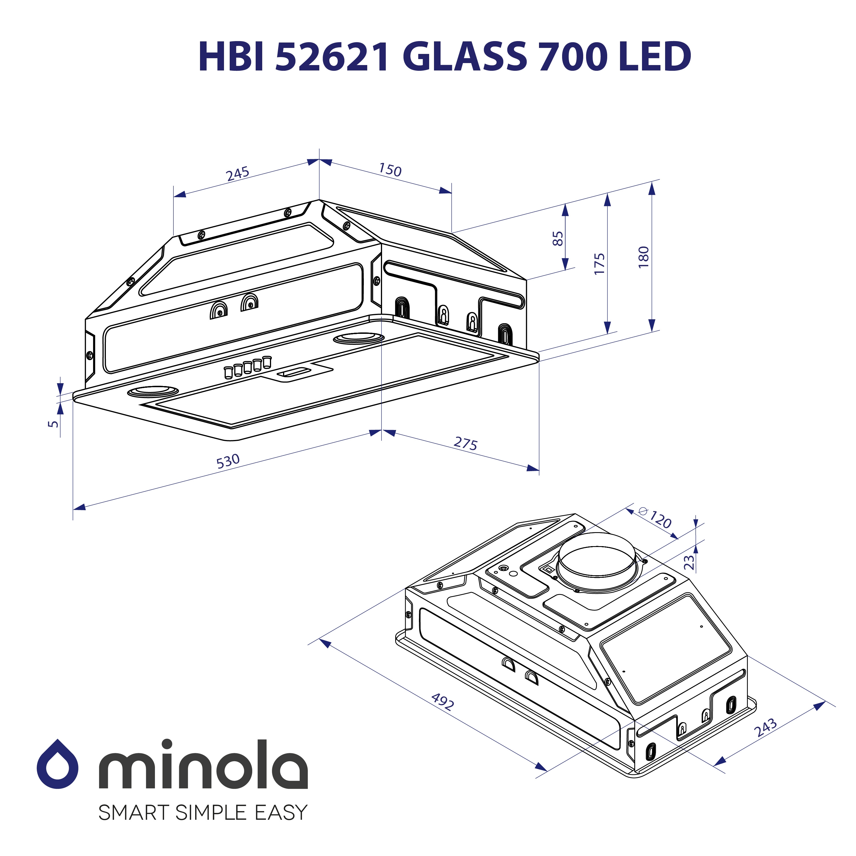 Minola HBI 52621 BL GLASS 700 LED Габаритные размеры