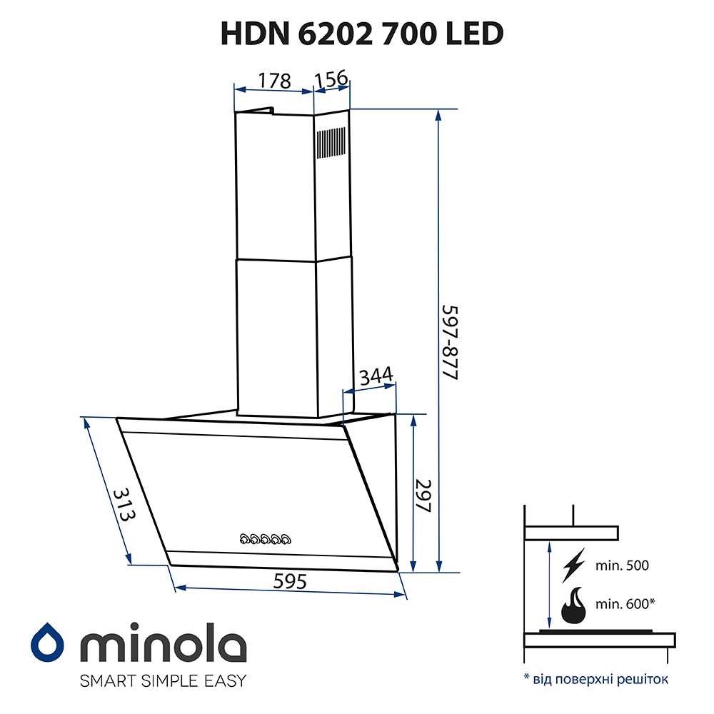 Minola HDN 6202 BL/INOX 700 LED Габаритные размеры