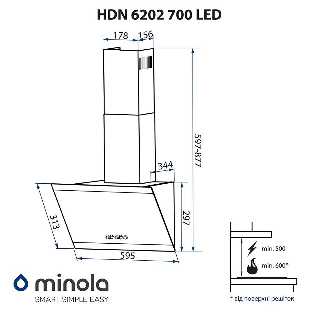 Minola HDN 6202 BL/INOX 700 LED Габаритні розміри