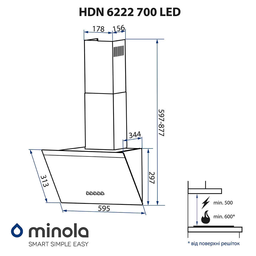 Minola HDN 6222 WH/INOX 700 LED Габаритні розміри