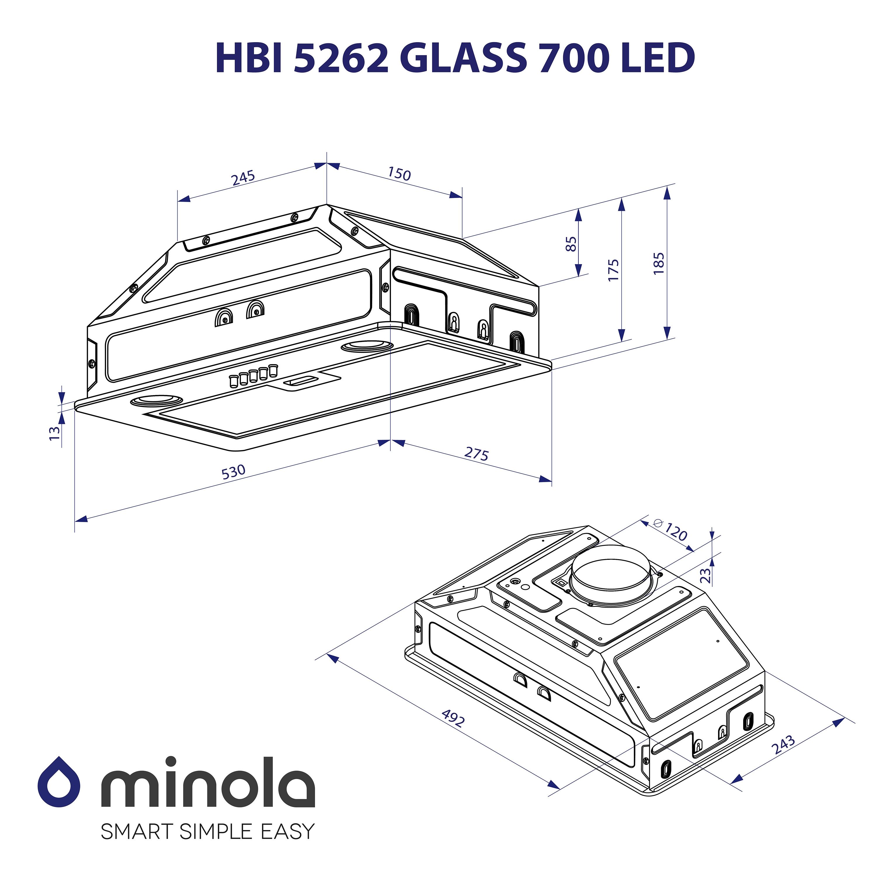 Minola HBI 5262 GR GLASS 700 LED Габаритные размеры