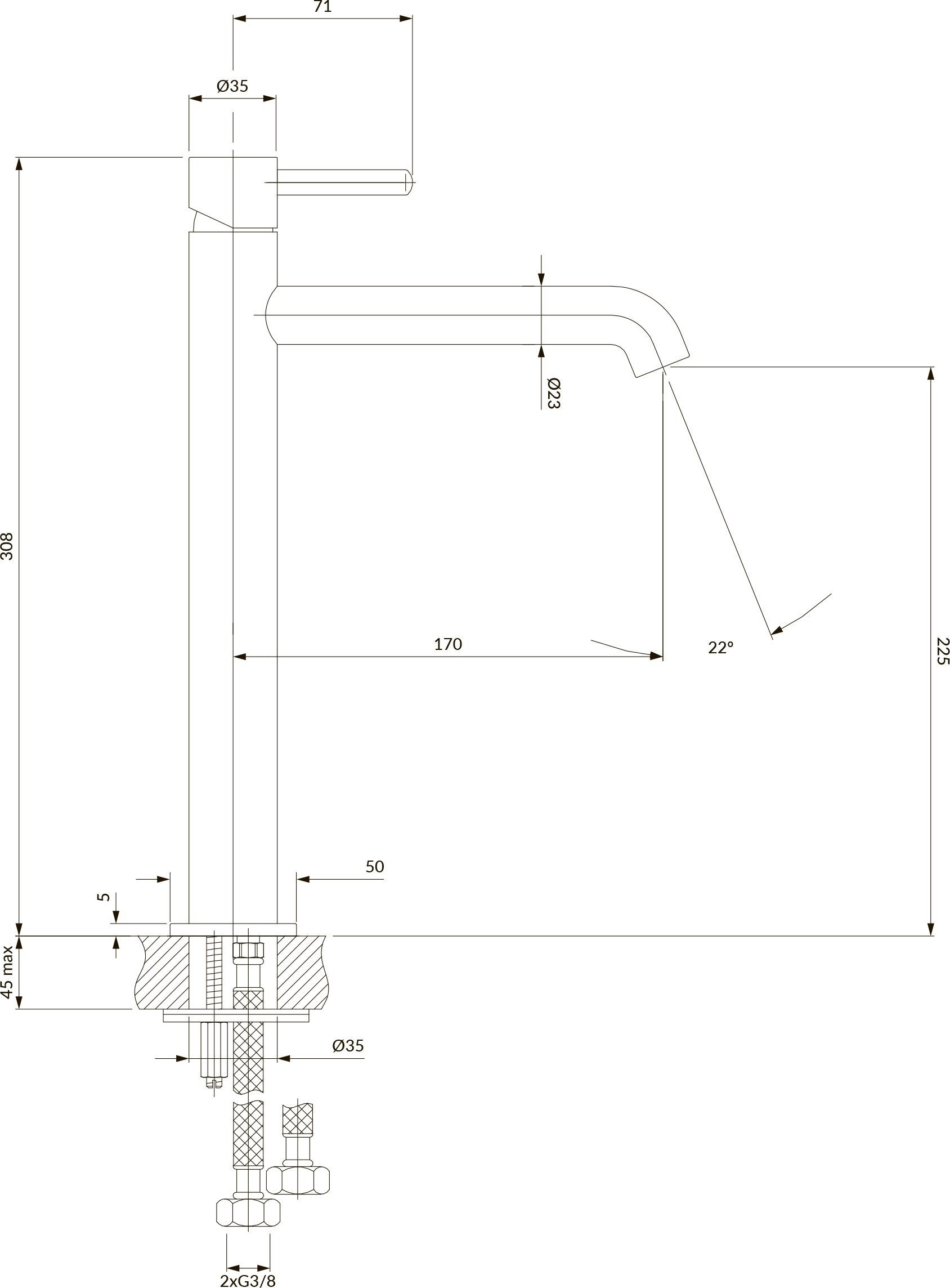 Omnires Y Chrome Y1212CR Габаритные размеры