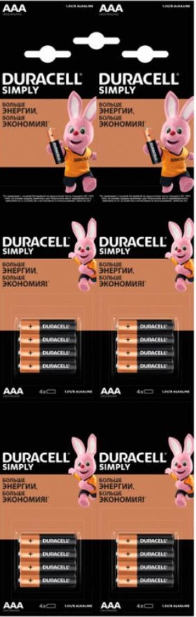 Батарейки типа ААА Duracell Simply LR03 AAA 4 шт.(отрывной набор 4X4 шт.)