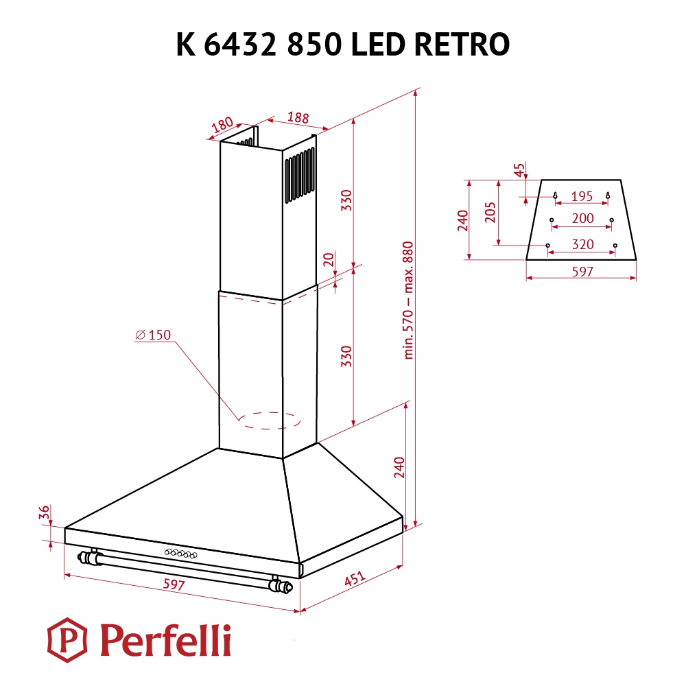 Perfelli K 6432 WH 850 LED RETRO Габаритные размеры