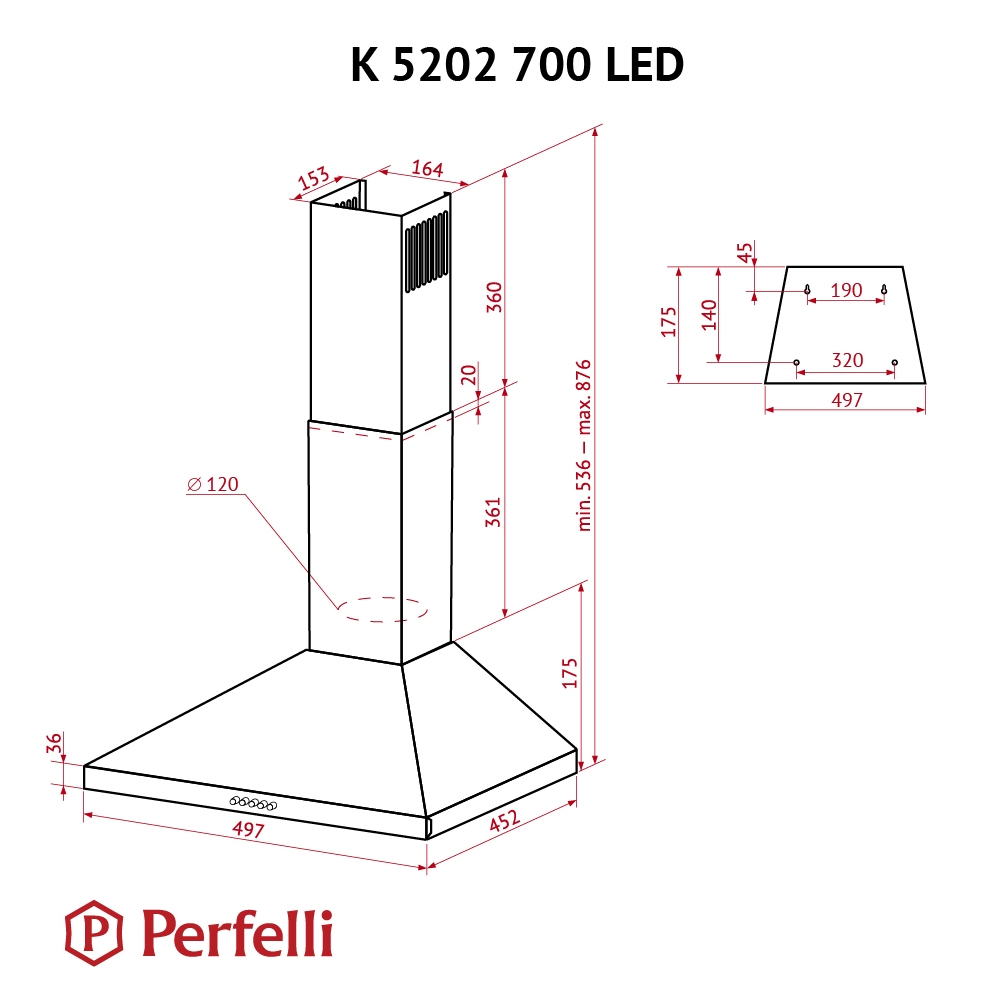 Perfelli K 5202 BL 700 LED Габаритные размеры