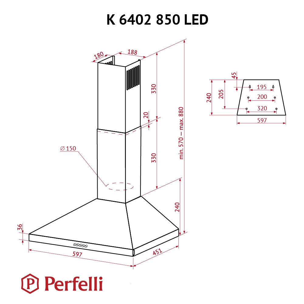 Perfelli K 6402 BL 850 LED Габаритные размеры
