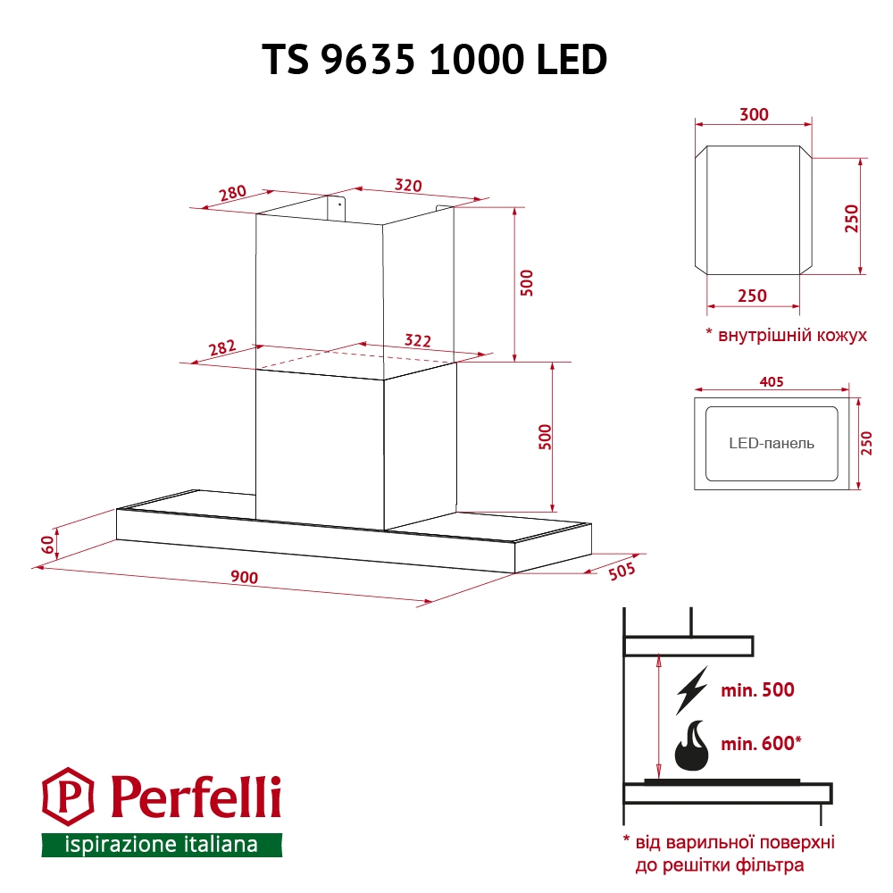 Perfelli TS 9635 I/WH 1000 LED Габаритные размеры
