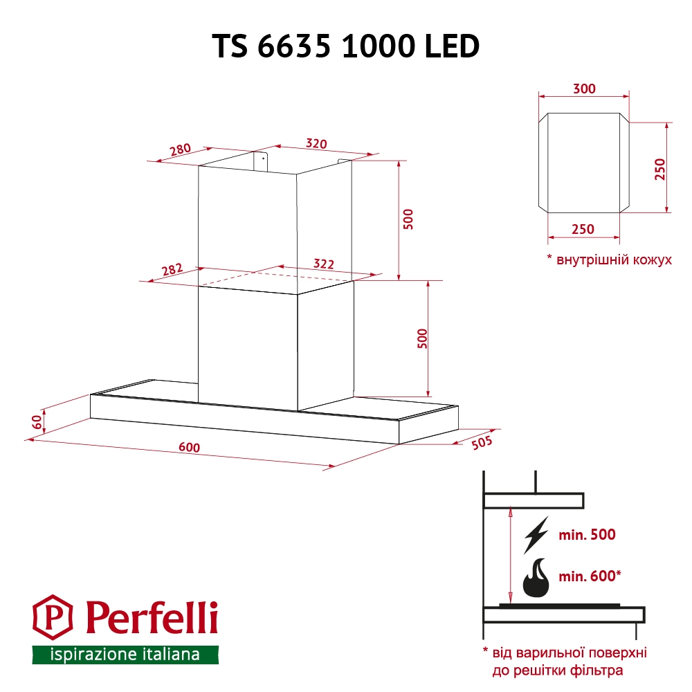 Perfelli TS 6635 I/BL 1000 LED Габаритные размеры