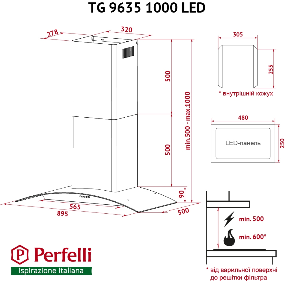 Perfelli TG 9635 I 1000 LED Габаритные размеры