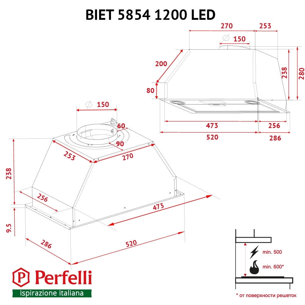 Perfelli BIET 5854 WH 1200 LED Габаритні розміри
