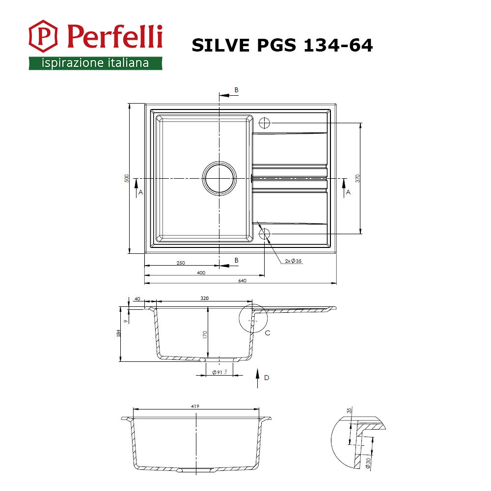Perfelli SILVE PGS 134-64 WHITE Габаритные размеры