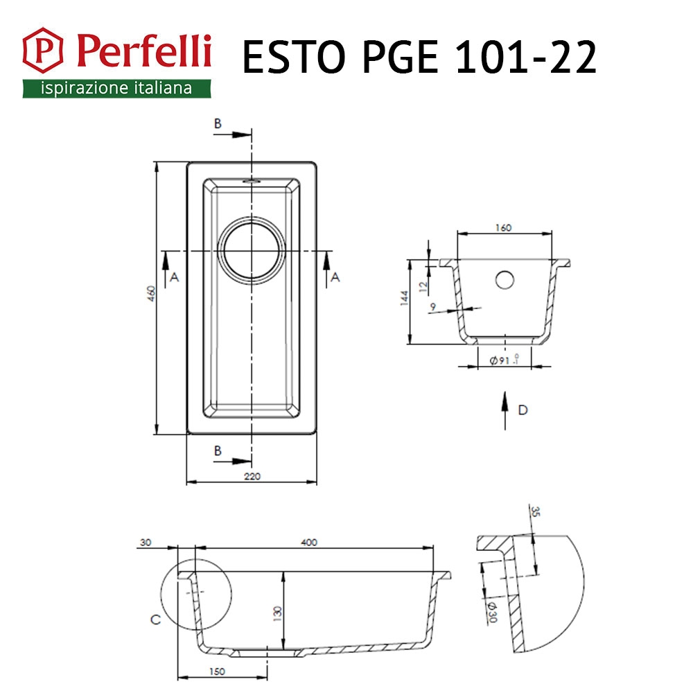 Perfelli ESTO PGE 101-22 GREY METALLIC Габаритные размеры