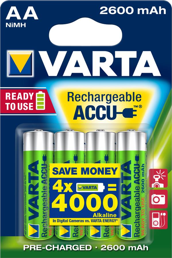Аккумуляторы AA Varta Rechargeable Accu AA 2600mAh BLI 4 NI-MH (READY 2 USE) 4шт.