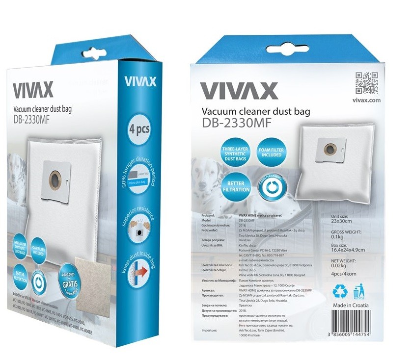 Мішки Vivax Home для пилососа синт. 4шт/уп + фільтр 13х15см (DB-2330MF) ціна 0 грн - фотографія 2