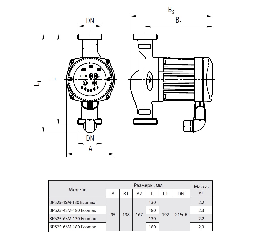 Насосы+Оборудование BPS 25-4SM-130 Ecomax (12663) Габаритные размеры