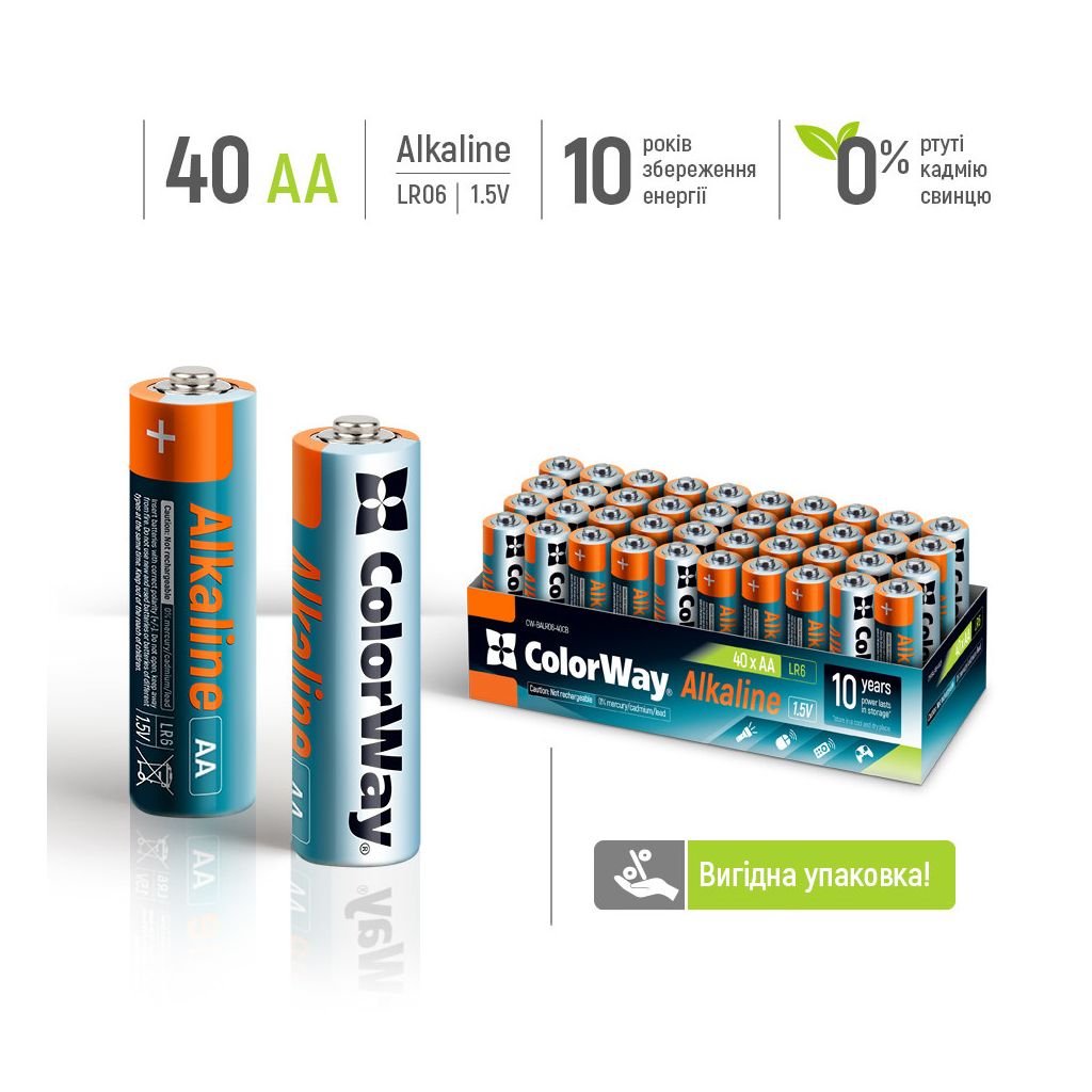Батарейка ColorWay AA LR6 Alkaline Power *40 colour box (CW-BALR06-40CB) ціна 579 грн - фотографія 2