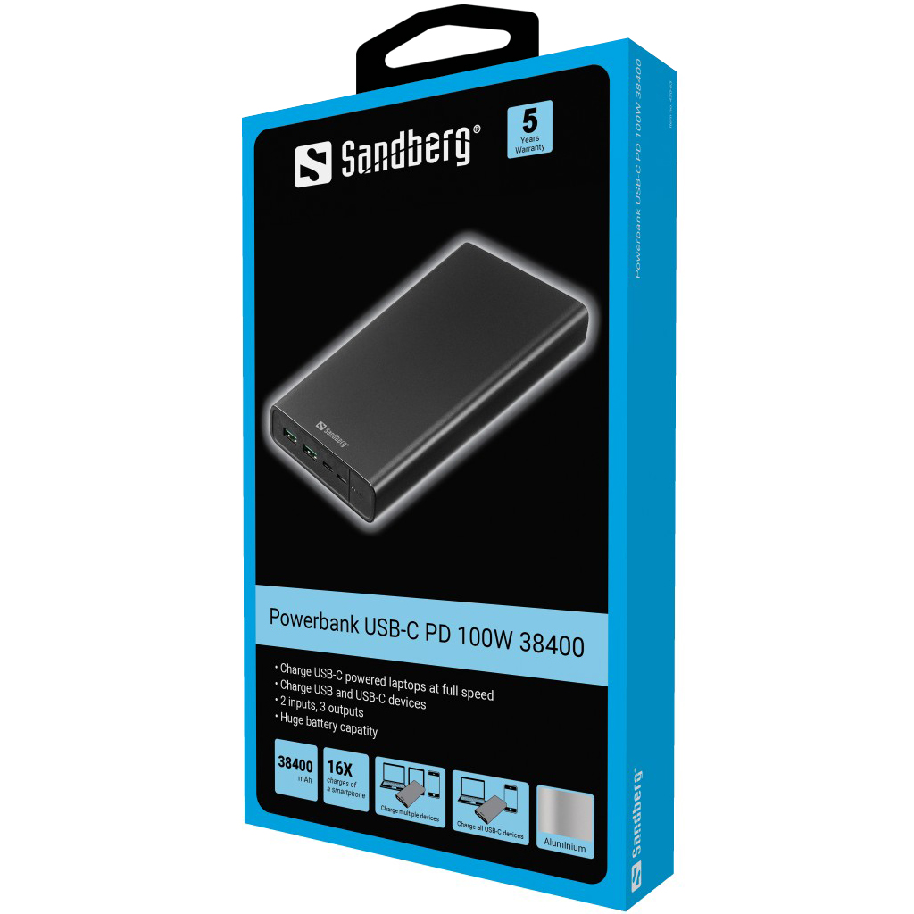 Повербанк Sandberg PD 38400 mAh 100W 20В/5А, 2хUSB, Type-C OUT (420-63) ціна 4999 грн - фотографія 2