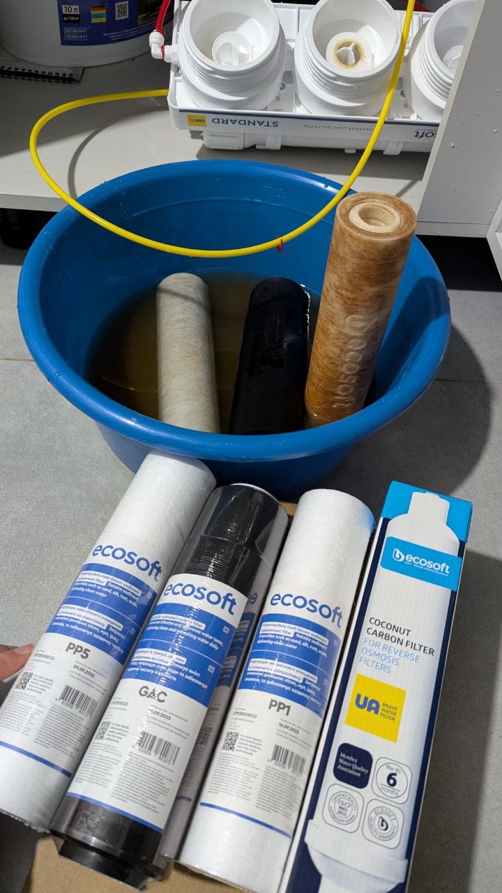 Фото  от покупателя Viktor Khilchuk к товару Комплект из 4 картриджей для фильтра обратного осмоса Ecosoft Standard без минерализатора.