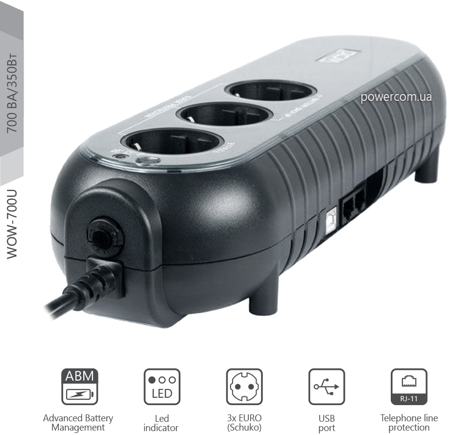 Джерело безперебійного живлення Powercom WOW-700U 700VA/350W USB 2+1 Schuko ціна 3795 грн - фотографія 2