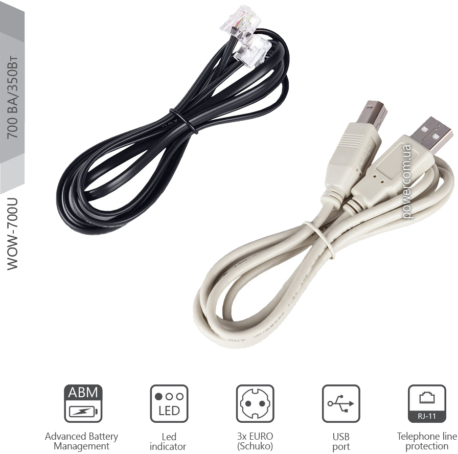 Джерело безперебійного живлення Powercom WOW-700U 700VA/350W USB 2+1 Schuko зовнішній вигляд - фото 9