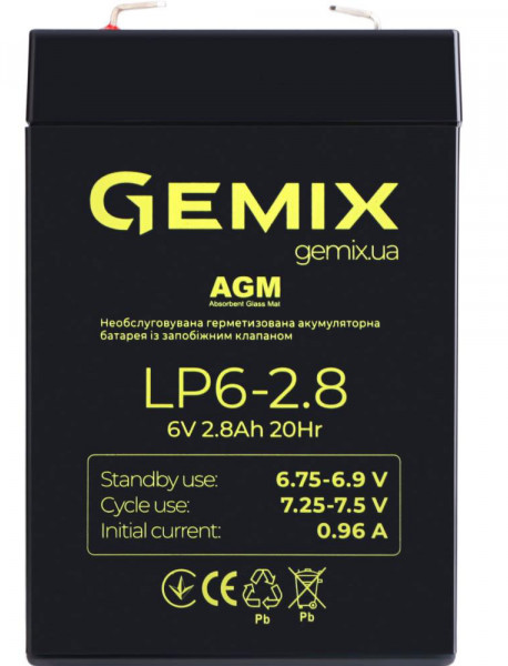 Аккумуляторная батарея Gemix AGM 6V, 2.8Ah (LP6-2.8) Black цена 339 грн - фотография 2