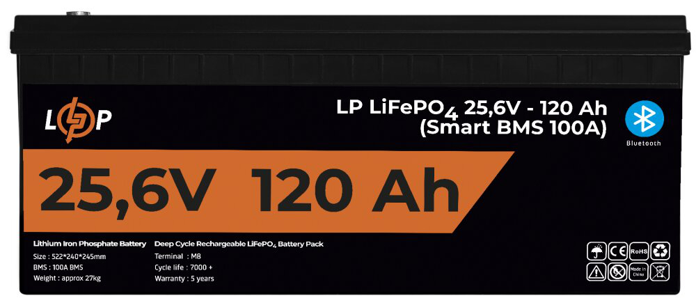 Акумулятор літій-залізо-фосфатний LogicPower LP LiFePO4 25.6V - 120 Ah (3072Wh) (Smart BMS 100A) з BT пластик для ДБЖ ціна 48263 грн - фотографія 2