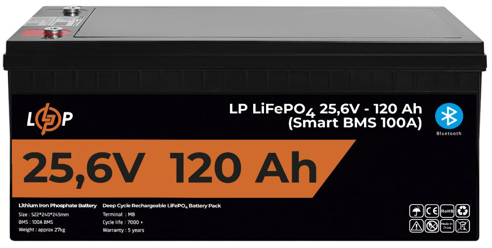 Акумулятор літій-залізо-фосфатний LogicPower LP LiFePO4 25.6V - 120 Ah (3072Wh) (Smart BMS 100A) з BT пластик для ДБЖ
