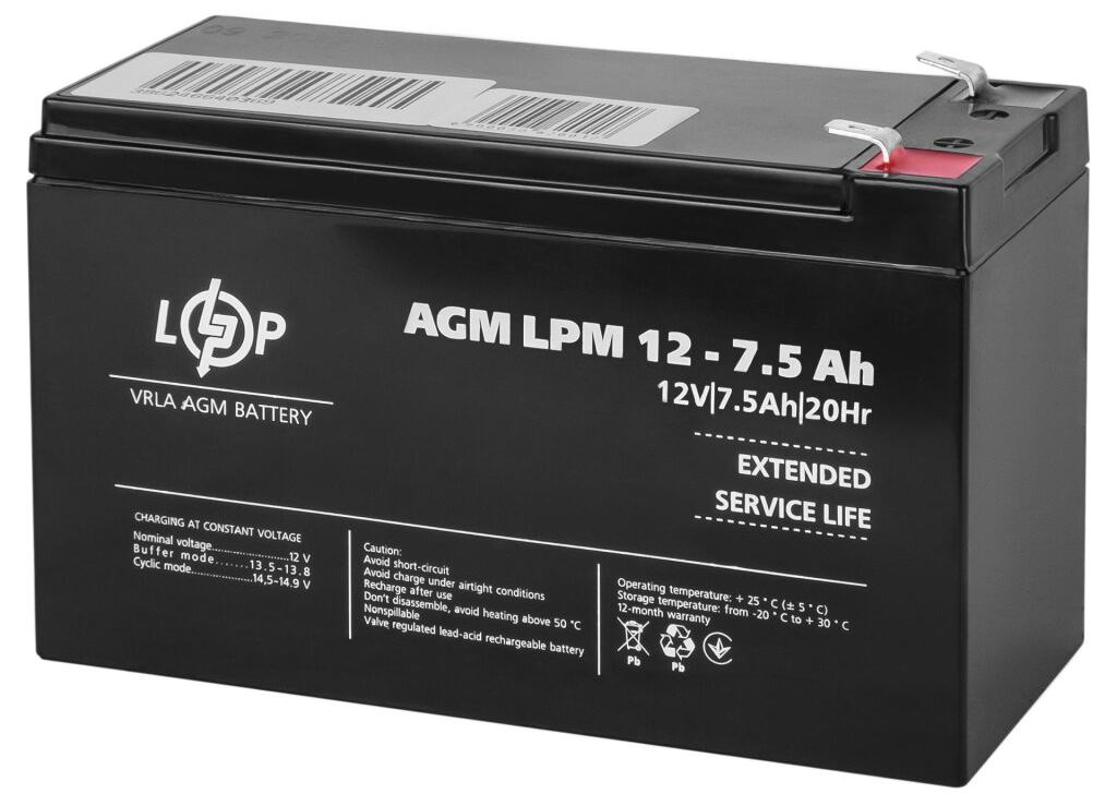 Акумулятор свинцево-кислотний LogicPower AGM LPM 12V - 7.5 Ah ціна 654.00 грн - фотографія 2