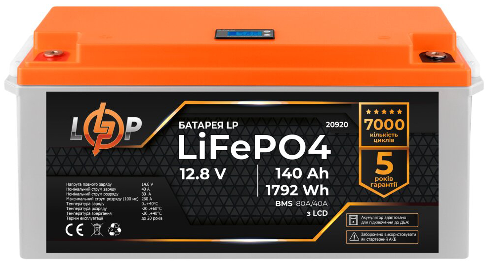 Акумулятор літій-залізо-фосфатний LogicPower LP LiFePO4 для ДБЖ LCD 12V (12.8) - 140 Ah (1792Wh) (BMS 80A/40A) пластик