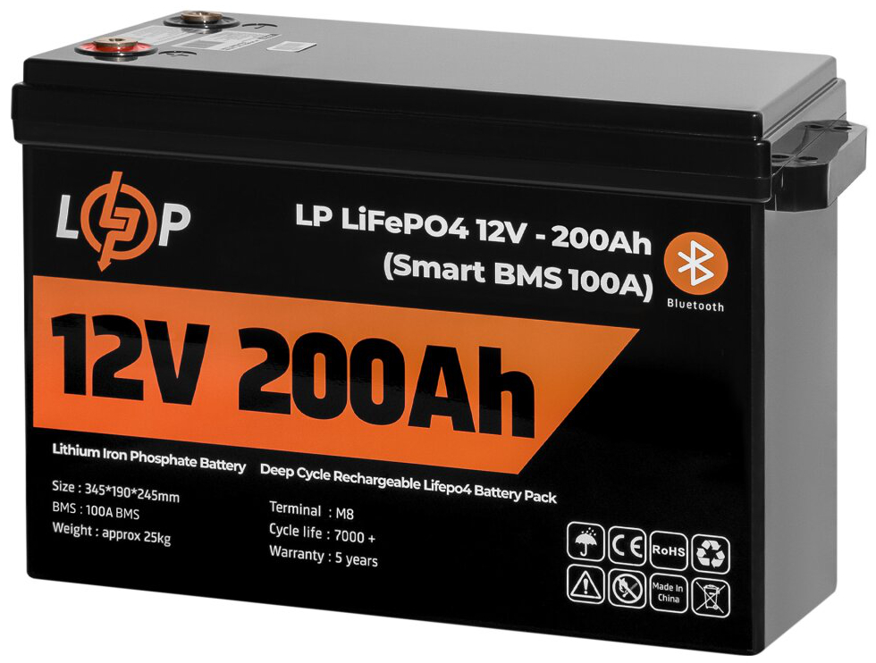 Акумулятор літій-залізо-фосфатний LogicPower LP LiFePO4 12V (12.8V) - 200 Ah (2560Wh) (Smart BMS 100A) з BT пластик для ДБЖ ціна 36868 грн - фотографія 2