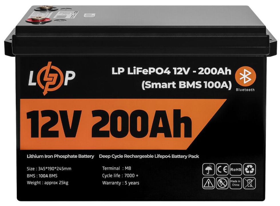 Акумулятор літій-залізо-фосфатний LogicPower LP LiFePO4 12V (12.8V) - 200 Ah (2560Wh) (Smart BMS 100A) з BT пластик для ДБЖ в інтернет-магазині, головне фото
