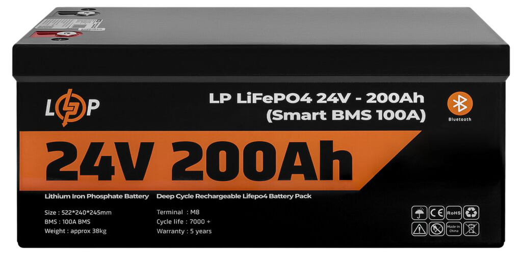 Аккумулятор литий-железо-фосфатный LogicPower LP LiFePO4 24V (25.6V) - 200 Ah (5120Wh) (Smart BMS 100A) с BT пластик для ИБП