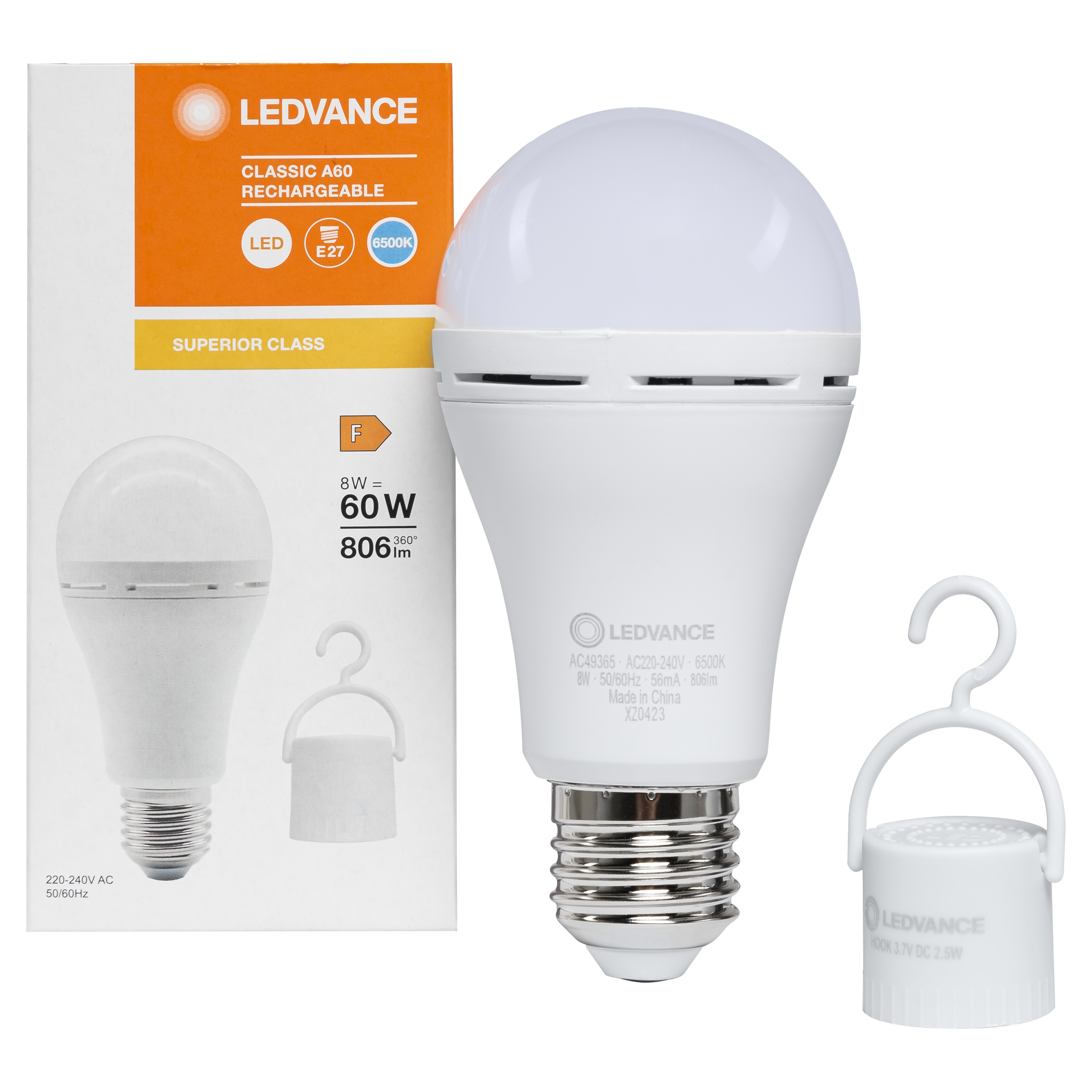 Характеристики акумуляторна led-лампа Ledvance A60 8W 806Lm 6500K E27 з тримачем