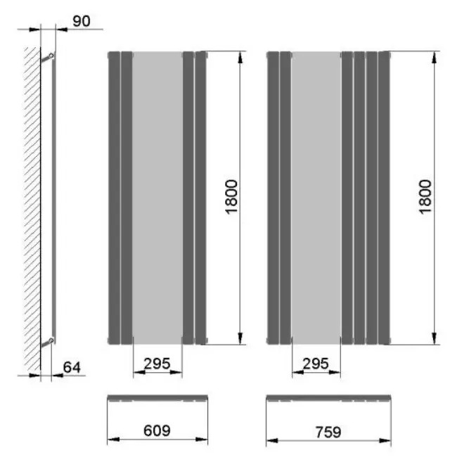 Betatherm MIRROR 1 H-1800mm, L-609mm, White (LE 1118/08 9016 99) Габаритні розміри