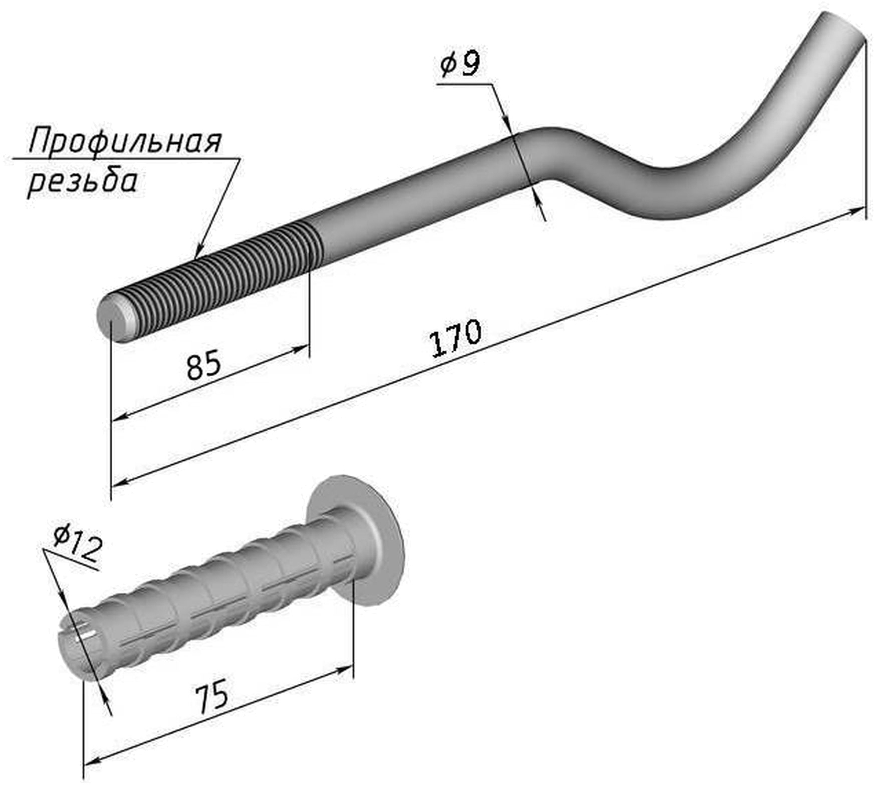 Cristal NR-1015 штырьковый прорезиненный с дюбелем Ø9х170мм (пар. 4 ед) Габаритные размеры