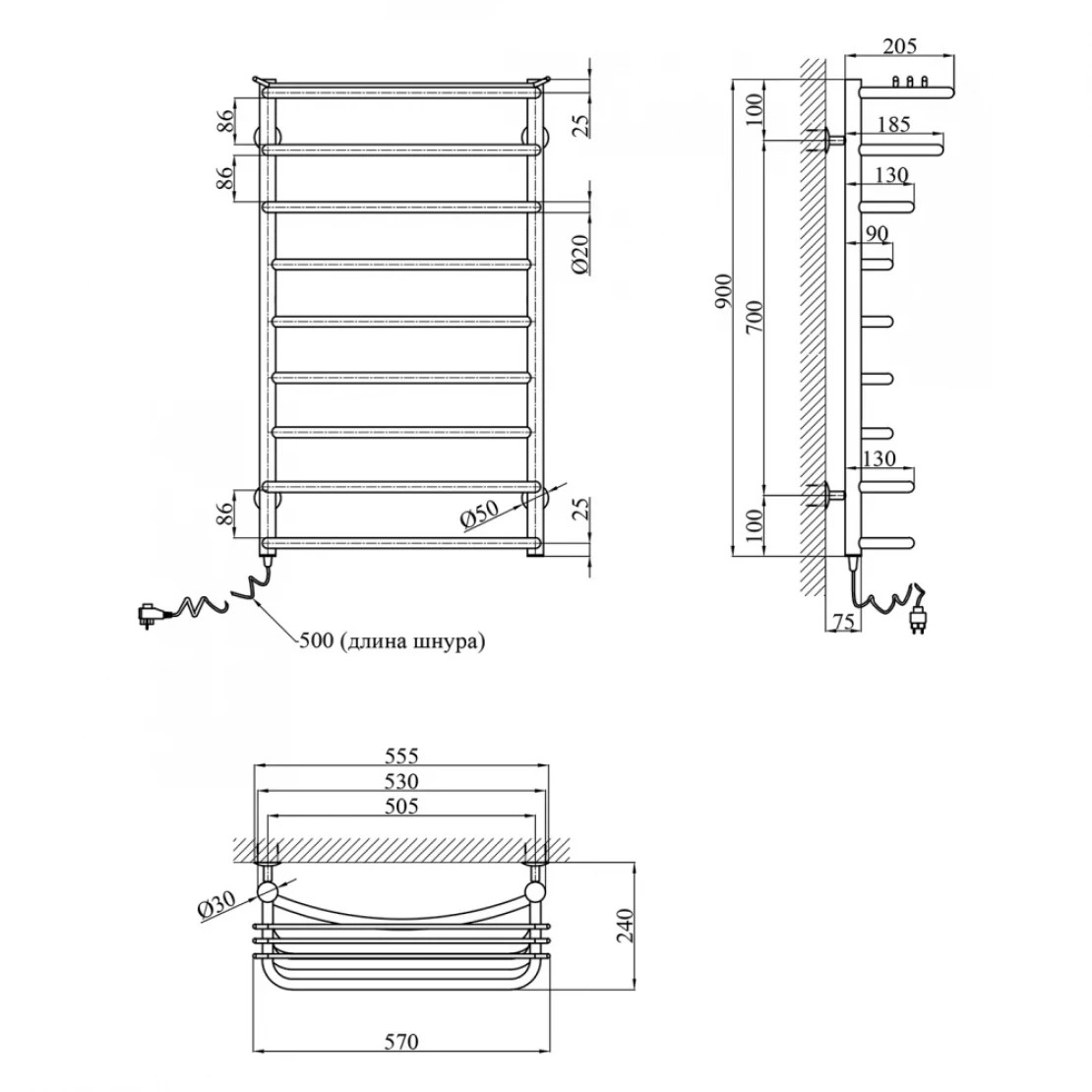 Kroner Канна ДК03EL 900x500/9 EL Габаритные размеры