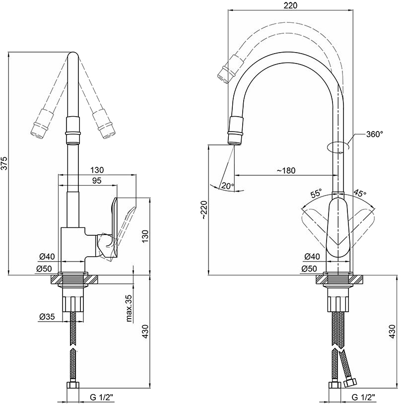 Q-Tap Linea QTLINCRW007F Chrome/White Габаритні розміри