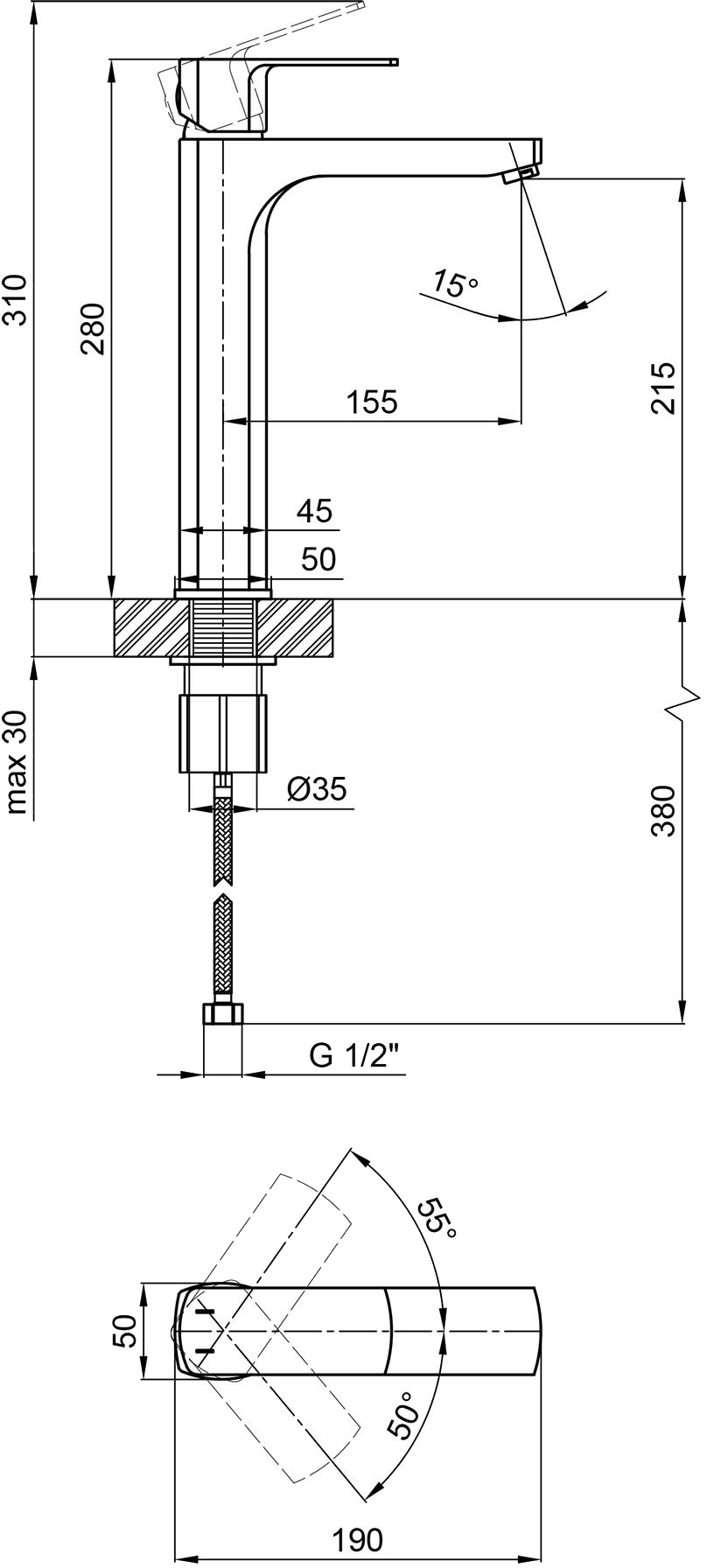 Q-Tap Lipno QTLIPNO10H23101G Graphite Габаритные размеры