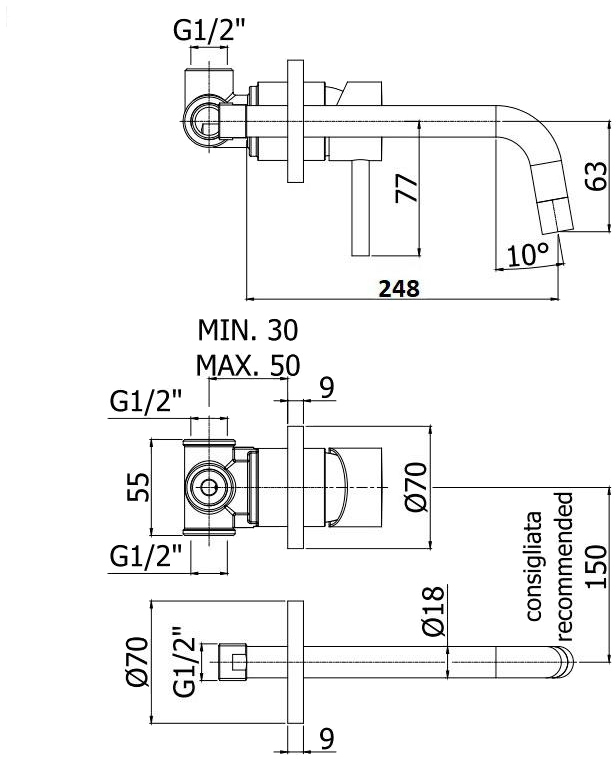 Paffoni Light LIG007CR70 Габаритные размеры