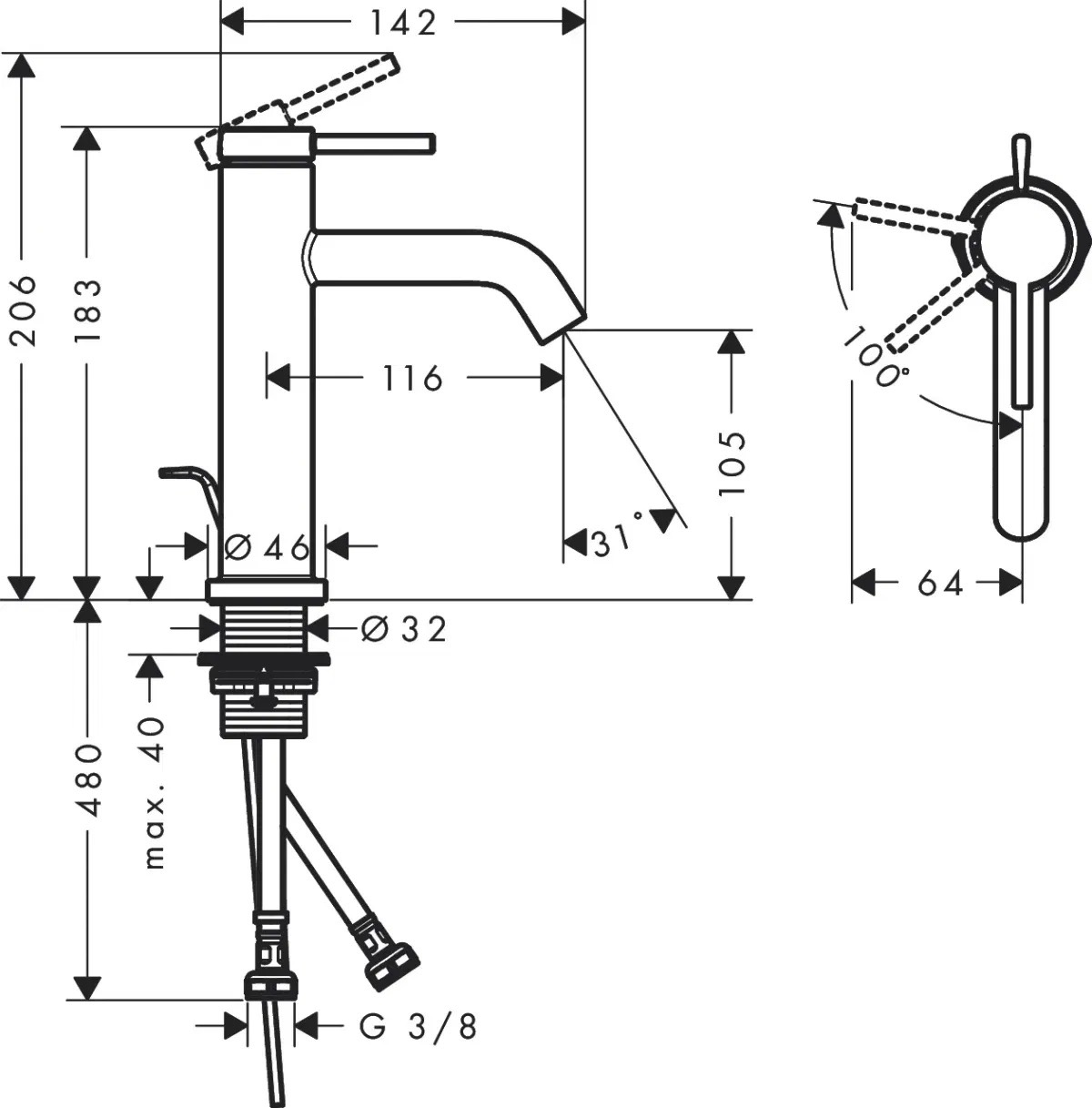 Hansgrohe Tecturis S 110 73314000 Габаритні розміри