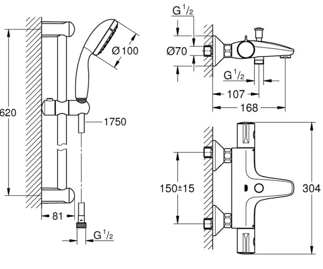 Grohe Grohtherm 800 34567000 з душовим гарнітуром 27853001 (34567001) Габаритні розміри