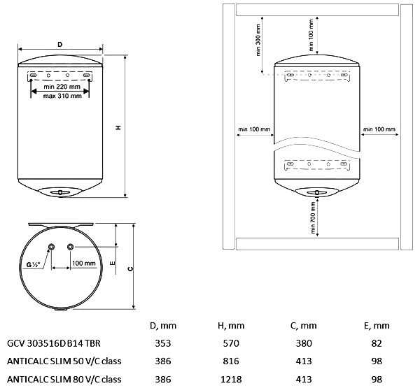 Tesy Anticalc Slim 50V/C GCV 503816D B14 TBRC (305187) (5 років безумовної гарантії) Габаритні розміри