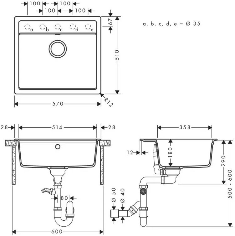 Hansgrohe S520-F510 + Talis M54 Black+Steel Габаритні розміри