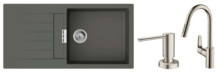 Набір3 в 1 кухонна мийка + змішувач + дозатор Hansgrohe S520-F480 + Focus M41 + A41 Gray ціна 38050 грн - фотографія 2