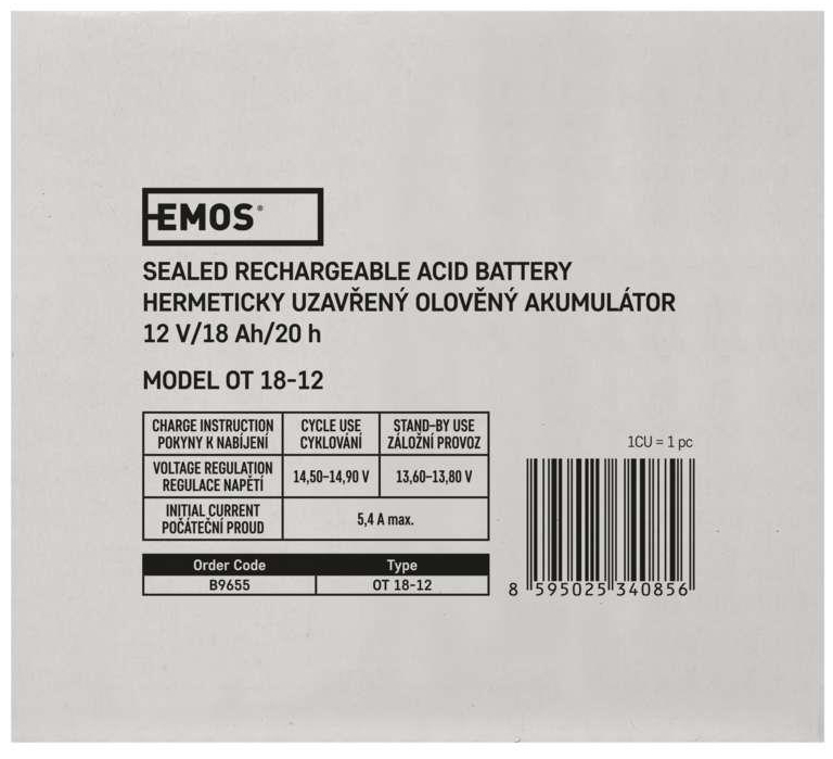Акумуляторна батарея Emos B9655 (12V 18AH L1) ціна 1999.00 грн - фотографія 2