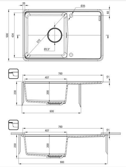 Deante Momi 780х500х230мм (ZKM_S113) Габаритні розміри