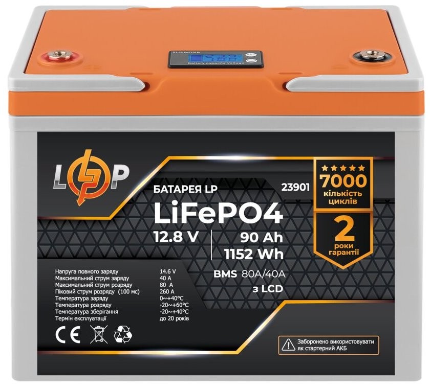 Характеристики аккумулятор LP LiFePO4 12,8V - 90 Ah (1152Wh) BMS 80A/40A (23901)